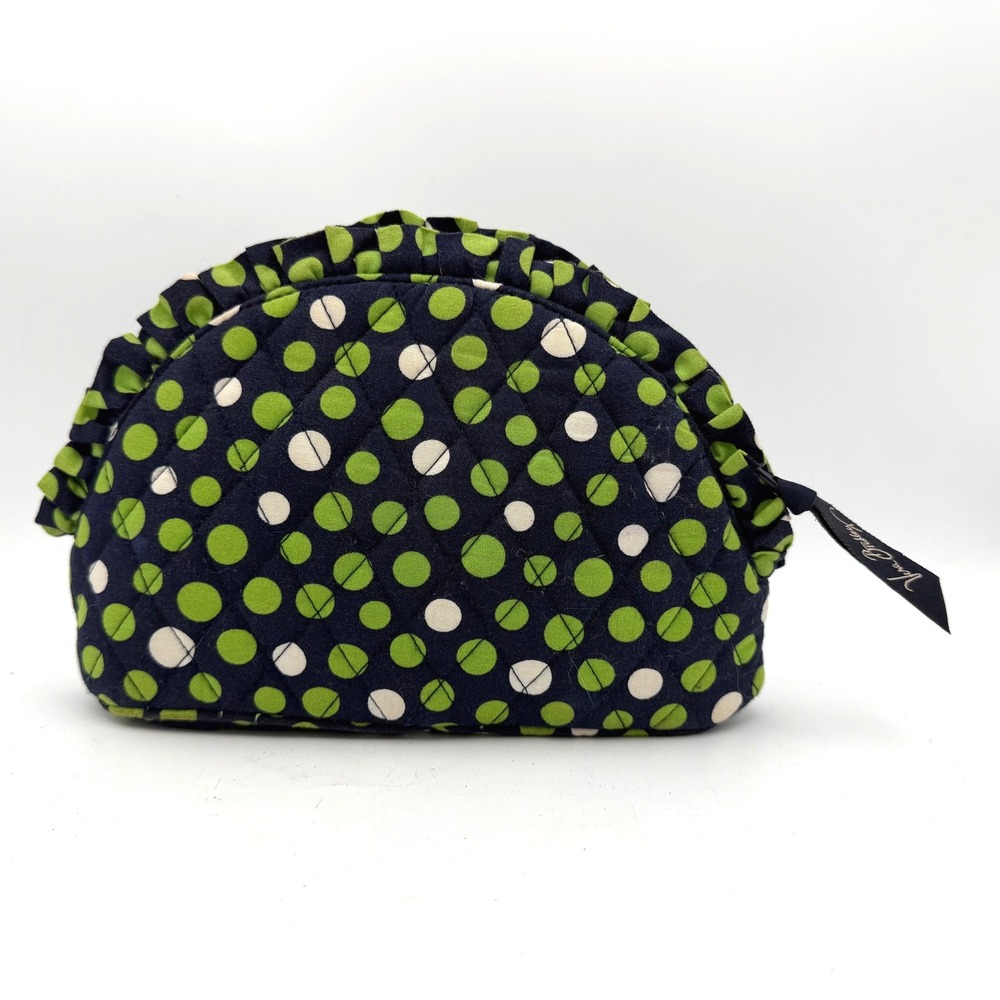 Vera Bradley Makeup Bag Women Navy Green Polka Dot Ruffle‎ Quilted Pouch